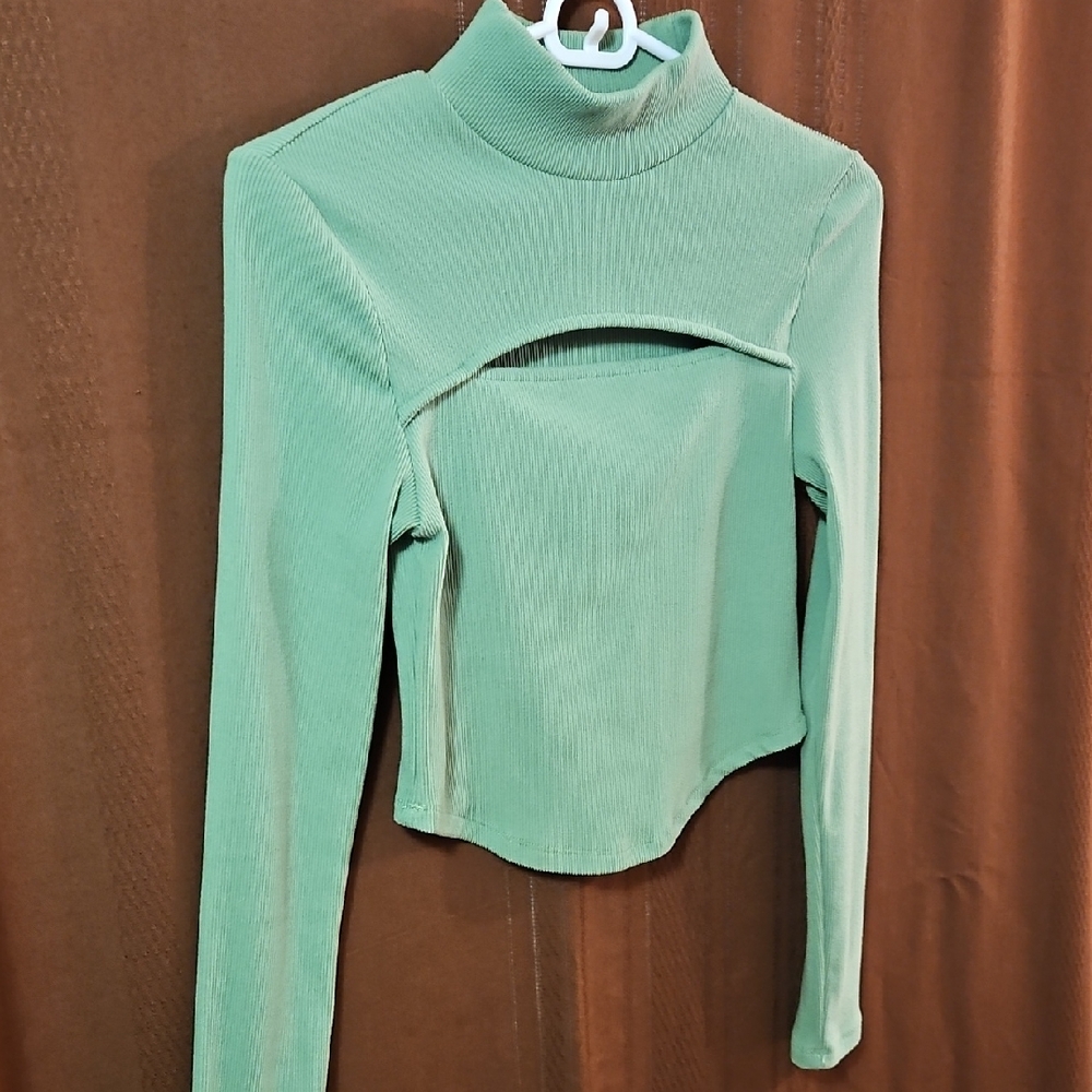 Long Sleeve Green Turtleneck Women's Cropped Top